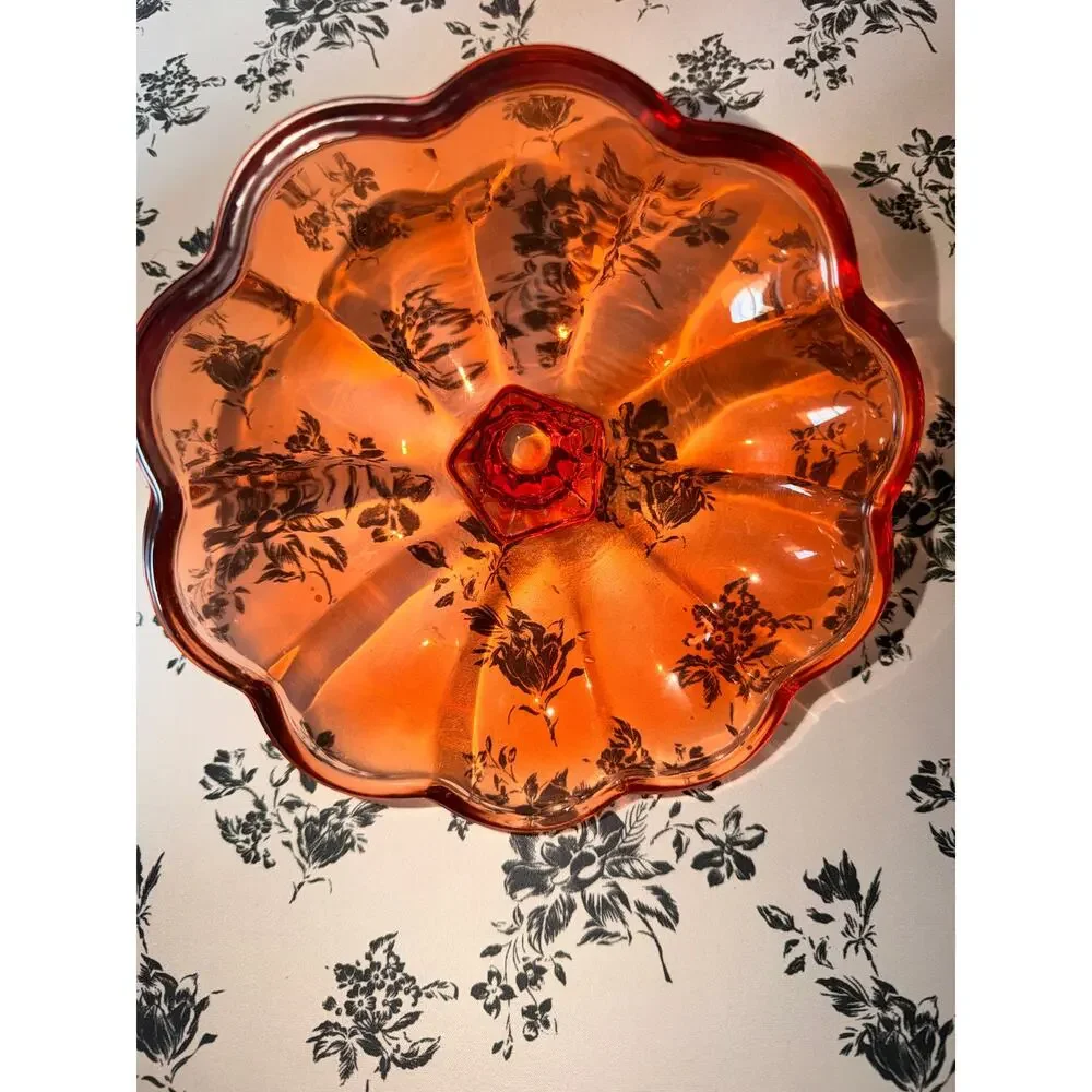 Vintage Amber Glass Pumpkin Candy Dish with Lid Ribbed Fall Halloween Decor
